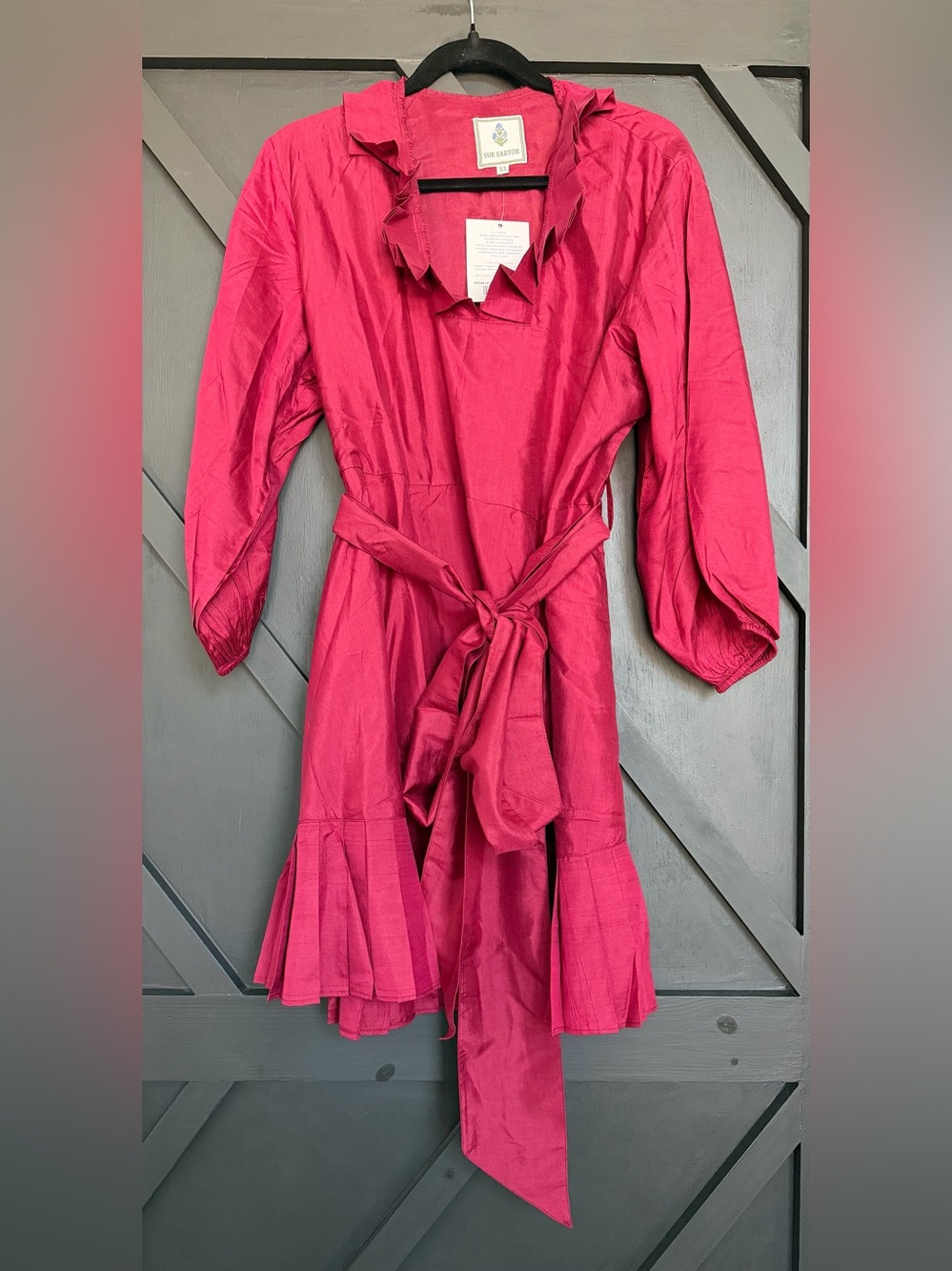 Sue Sartor Pleated Sleeveless Flounce Mini Dress in Burgundy Silk Taffeta, XL - Picture 2 of 9